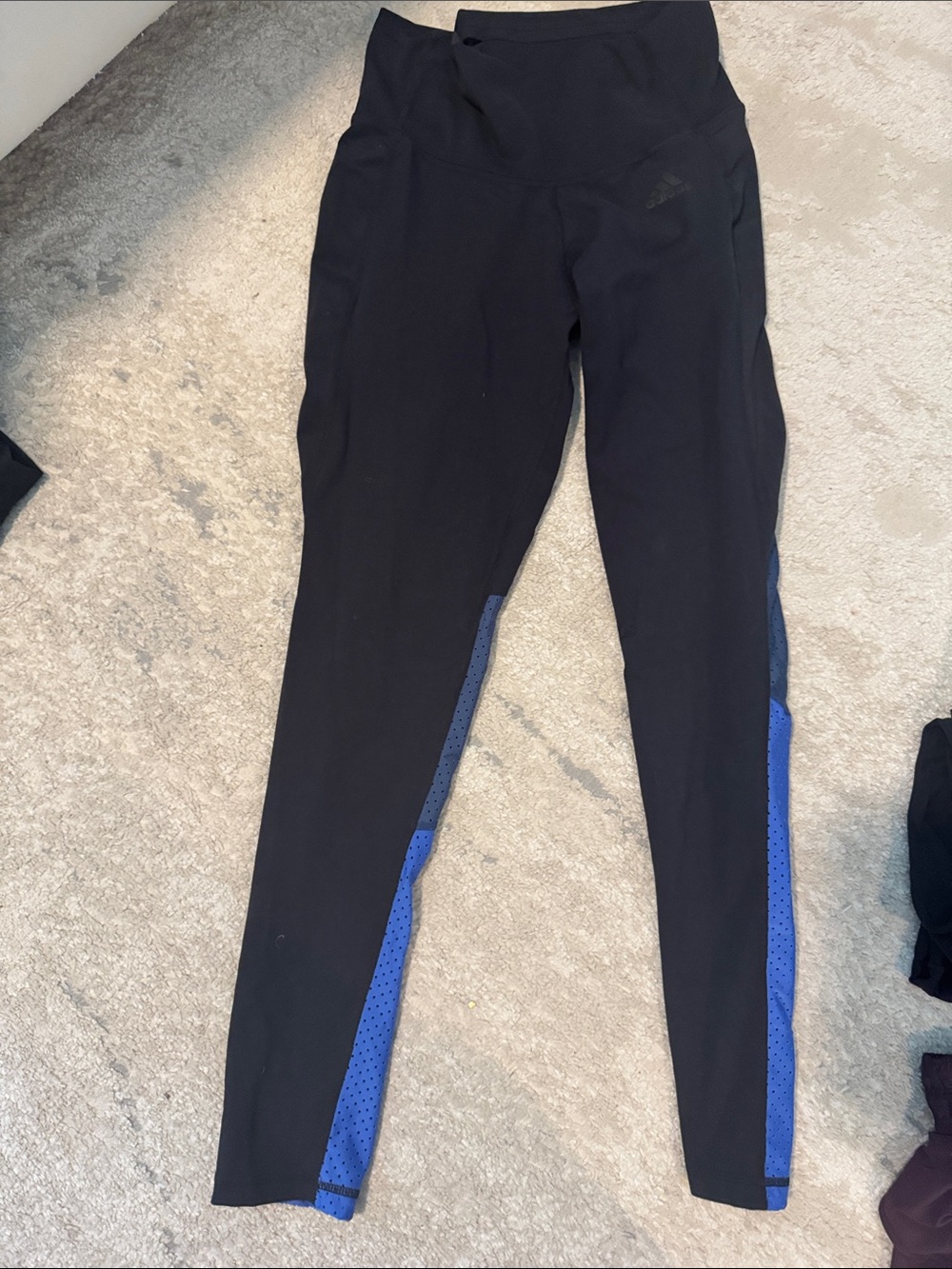 adidas Black Leggings with Blue Perforated Side Panels